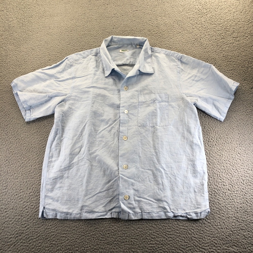 Kenzo Paris Shirt Mens Extra Large Light Blue Camp Loop Collar Linen Blend